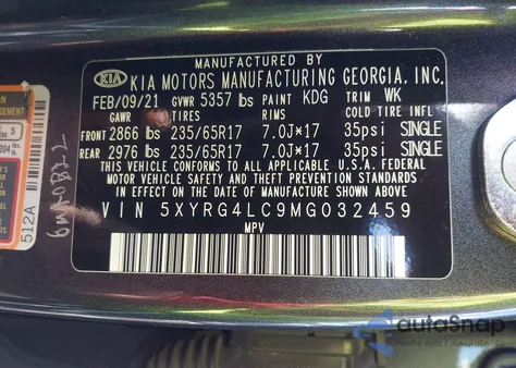 2021 Kia Sorento Lx z USA, uszkodzony, nr VIN 5XYRG4LC9MG032459